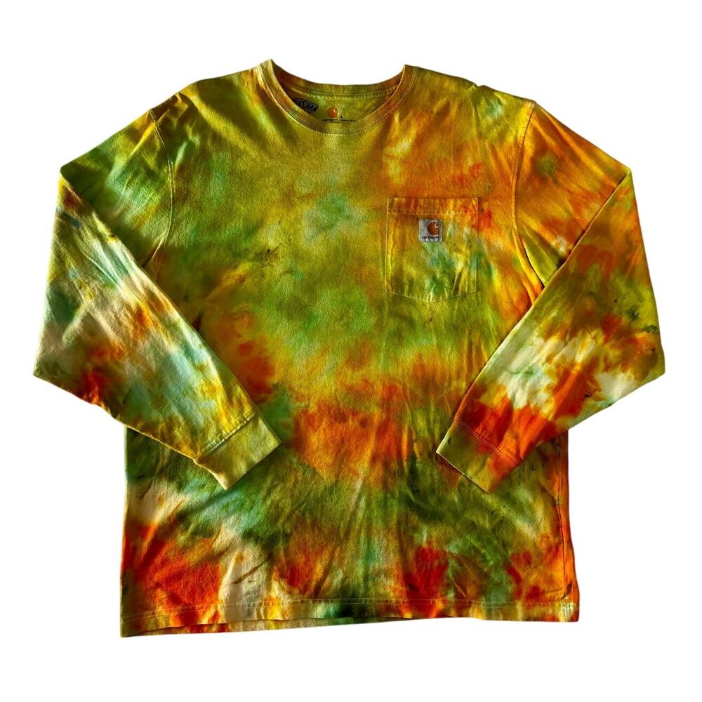 Ice Dyed Carhartt Long Sleeve T-Shirt Lime Green Orange Yellow Large L